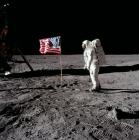 aldrin contemplating flag flying on the moon